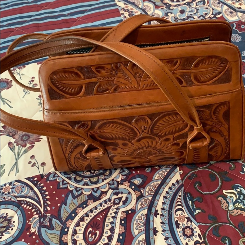 Vintage Hand Tooled Leather Bag Golden Tan